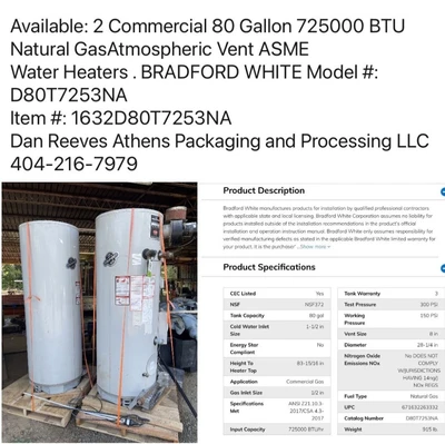 USED Bradford White D80T7253NA