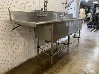 Used Falcon Restaurant Supply Used 108" Stainless 4 compartment Sink with 2 Sprayers and Twist Drains - FG Sinks Illinois US | Falcon Restaurant Supply #1374934