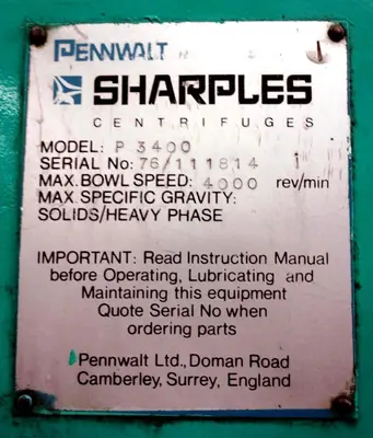 Sharples P3400 (14 x 48) tricanter centrifuge, 316SS.