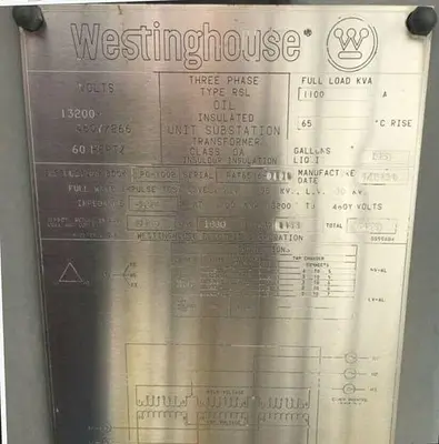 1100 KVA Westinghouse Electrical Transformer H.V. 13200 DELTA / L.V. 460/266