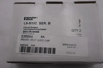 NEW SPRECHER+SCHUH L9-5/1/C CIRCUIT BREAKER 1 POLE 5 AMP STOCK G664A
