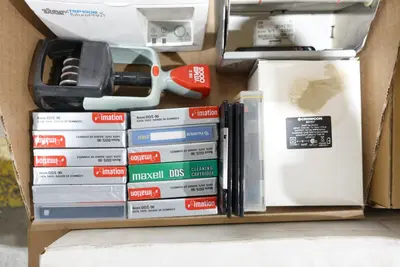 PALLET OF ASSORTED OFFICE SUPPLIES, TONER, LABEL PRINTERS, PACKAGING MACHINE, PHONE, SIGNAGE