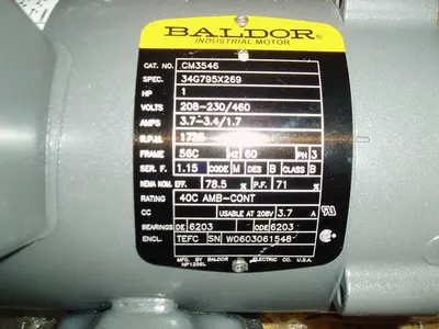 Motor, 1 HP, Baldor, 1750 RPM Out, 208-230/460V (2) #S743674