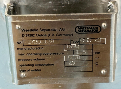 Westfalia CSC 20-06-476 hydro-hermetic clarifier skid.