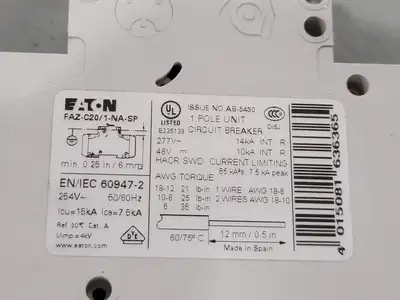 Used EATON FAZ-C20/1-NA-SP Switchgears British Columbia CA | Lenmark #244613