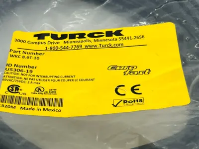 New | in-Stock Turck Eurofast Cordset M12 Female 10M Length U5306-19 Electrical Fittings Michigan US | Maverick Industrial Sales #1391920