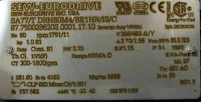 NEW SEW EURODRIVE SA77/T DRN80M4/BE1HR/IS/C GEAR MOTOR SA77TDRN80M4BE1HRISC