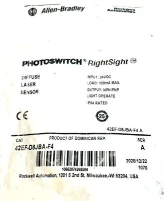 A / B 42EF-D8JBA-F4 PHOTO SENSOR SER. A 42EFD8JBAF4 NEW, SURPLUS