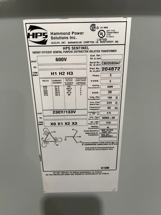 Used HPS 600V-230Y/133V-3PH Distribution Transformers CA | MACHINERY INC. #1230604
