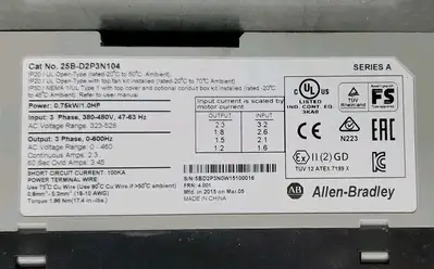 USED Allen-Bradley 25B-D2P3N104 PowerFlex 525 AC Drive, 1HP, 0.75kW