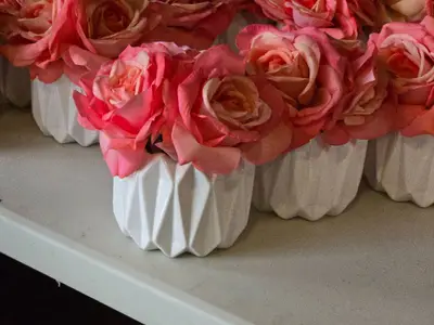 Lot of (6) Silk Faux Rose Boquet Arrangement in White Ceramic Vase (pink)