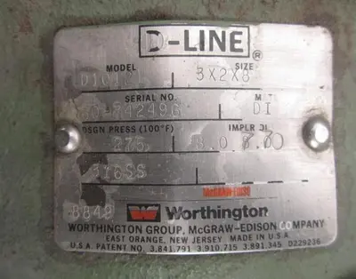 Pump, Centrif., 5 HP, 316 S/st, Worthinton, Mdl D1012, 3" #S739973