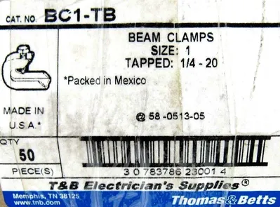 NEW LOT OF 50 THOMAS & BETTS BC1-TB BEAM CLAMPS 1/4-20 BC1TB SIZE 1