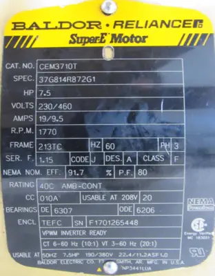 USED BALDOR CEM3710T MOTOR 7.5HP 230/460V 1770RPM 213TC