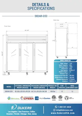 New | in-Stock Dukers New Dukers D83AR-GS3 Top Mount Glass 3-Door Commercial Reach-in Refrigerator Display Refrigerators Illinois US | Falcon Restaurant Supply #1376338