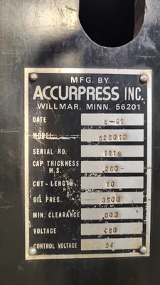 1991 ACCURSHEAR 625010 Power Squaring Shears | Mohawk Machinery (12)