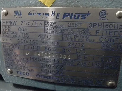 7.5 hp Teco Westinghouse AC motor, 865 rpm, New