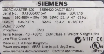 USED SIEMENS 6SE6420-2AD27-5CA1 MICROMASTER 420 6SE64202AD275CA1