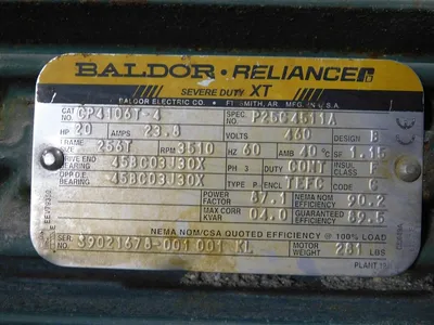 Baldor Reliance CP4106T-4 Severe Duty XT Motor 20HP 460V 3510RPM 23.8A Used