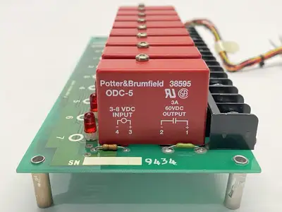 USED CRYDOM RELAY MOUNTING BOARD 13326 REV J W/ 8X POTTER&BRUMFIELD ODC-5 385