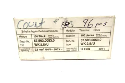 BOX OF 96 NEW WIELAND WK2.5/U TERMINAL BLOCKS 57.503.0053.0 WK25U