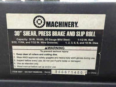 Used CENTRAL MACHINERY 30" SHEAR, PRESS BRAKE AND SLIP ROLL (ITEM 5907) Combo 3-in-1 Sheet Metal Machines Georgia US | The Equipment Hub #1323236