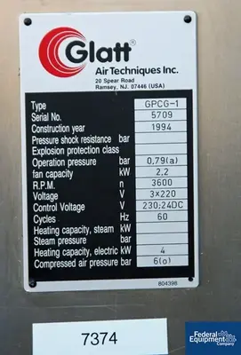 USED Glatt Glatt GPCG 1 Fluid Bed Dryer Granulator, S/S