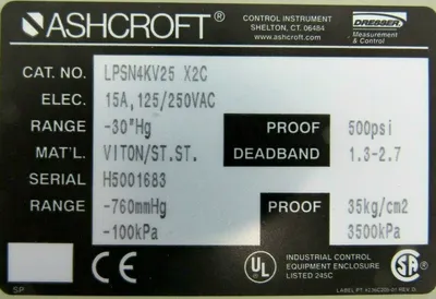 NEW ASHCROFT LPSN4KV25-X2C PRESSURE SWITCH -30"HG LPSN4KV25X2C