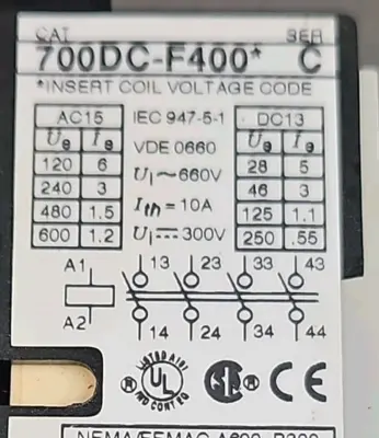 Allen-Bradley 700DC-F400*/C w/ 195-FA40/A Contactor Loc4C4