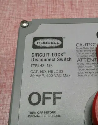 Hubbell Circuit-Lock Disconnect Switch HBLDS3 30 AMP, 600 VAC MAX