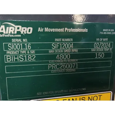 Used AIRPRO FAN & BLOWER COMPANY BIHS182 Centrifugal Fans West Virginia US | JM Industrial #1321865