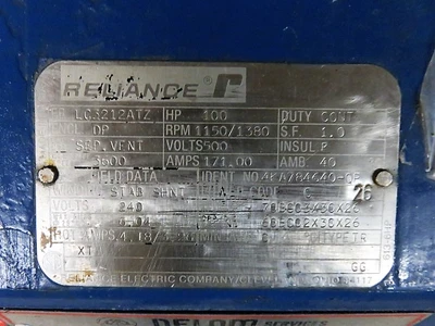 100 hp Reliance Electric  DC Motor, 1150/1380 rpm 500v, Rebuilt Storeroom Spare