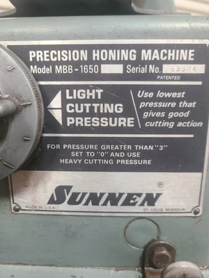 Sunnen Model MBB 1650 1650K/C Manual Stroke Hone Precision Honing Machine
