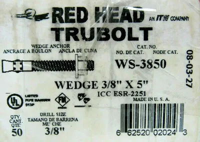 NEW BOX OF 50 HILTI WS-3850 TRUBOLT WEDGE ANCHOR 3/8" x 5" WS3850