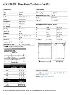 New 112.5 KVA Dry Type Transformer 480 Delta 208Y/120 10 Year Warranty 423-9254-000 FREE SHIPPING