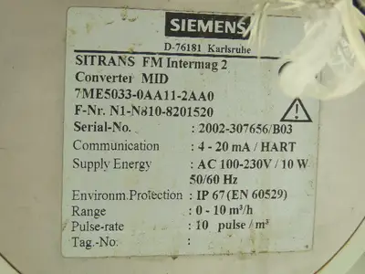 Siemens 7ME5033-0AA11-2AA0 SITRANS F M Intermag 2 Flowmeter Transmitter 4-20mA