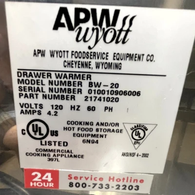 72-0399 APW Wyott BW-20 Bun Warming Drawer