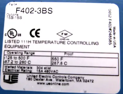 NEW UNITED ELECTRIC F402-3BS TEMPERATURE SWITCH F4023BS