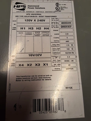 HAMMOND POWER SOLUTIONS Q002ESCF BOOST TRANSFORMER 120/240V 50/60Hz