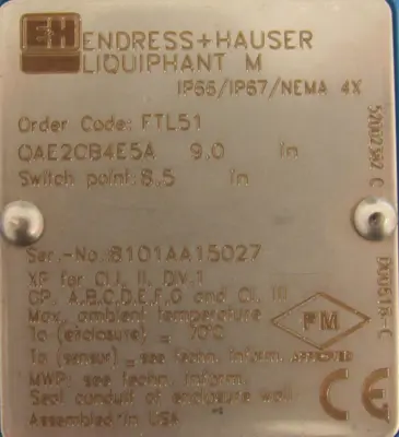 USED ENDRESS HAUSER FTL51-QAE2CB4E5A LEVEL SENSOR 9" FTL51QAE2CB4E5A