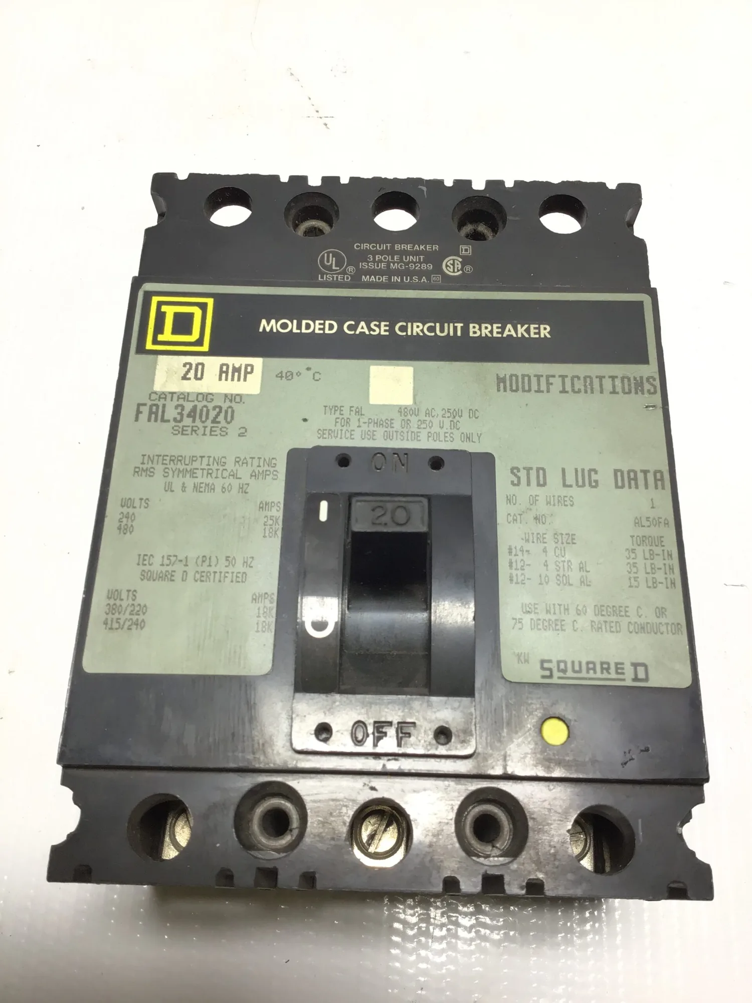 Square D FAL34020 Circuit Breaker 20A 3-Pole 480V