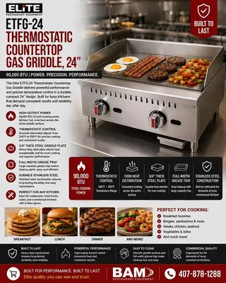 ELITE ETFG-24 Thermostatic Countertop Gas Griddle, " | 90,000 BTU