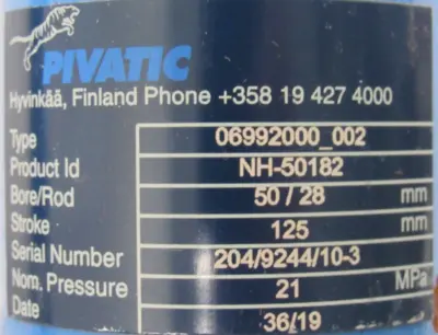 NEW PIVATIC NH-50182 CYLINDER 06992000-002 NH50182 BORE/ROD 50/28MM STROKE 125MM
