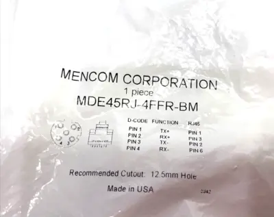 New | in-Stock Mencom Ethernet, Receptacle, M12 4 Pole D-Coded Female to RJ45 Electrical Fittings Michigan US | Maverick Industrial Sales #1395140