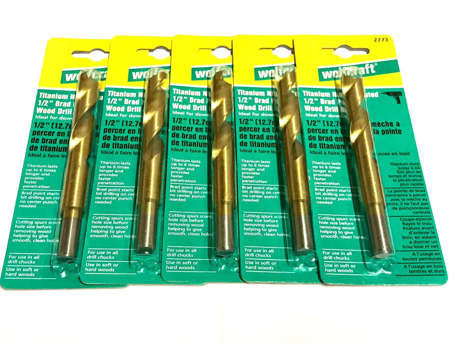 5 Wolfcraft 1/2" Titanium Brad Point Wood Drill Bit 2773