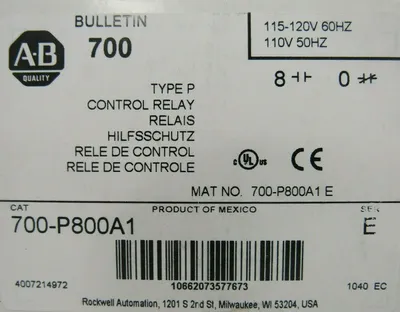 NEW ALLEN BRADLEY 700-P800A1 CONTROL RELAY SER E TYPE P 700P800A1