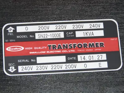 Swallow Single Phase Power Isolation Transformer 1kVA Pri/Sec 200-220-230-240V