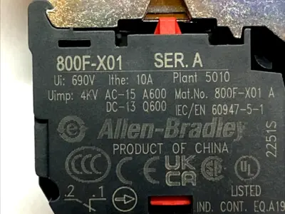 USED ALLEN-BRADLEY MUSHROOM E‑STOP W/ 2X 800F‑X01 NC CONTACT BLOCKS