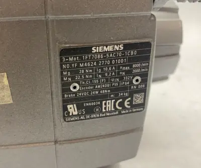 USED SIEMENS SIMOTICS S SYNCHRONOUS MOTOR 1FT7, M0=28NM (100K) NN=2000RPM