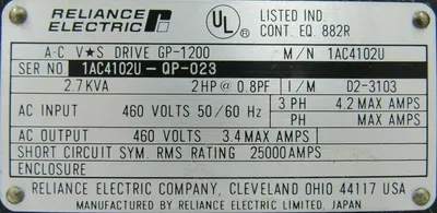 USED RELIANCE ELECTRIC 1AC4102U AC DRIVE 2HP GP-1200
